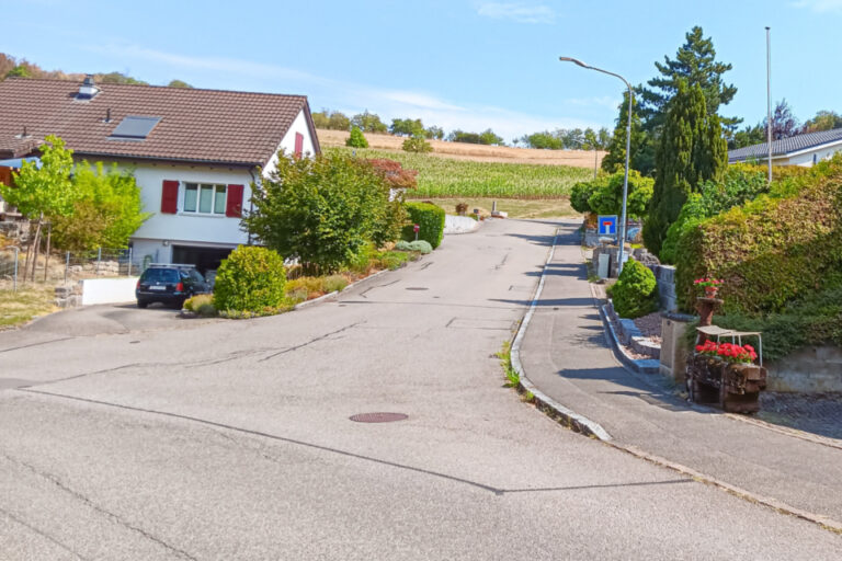Eine leere Wohnstrasse mit Häusern, Hecken und einem Verkehrsschild führt bergauf zu Feldern.