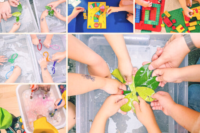 Bildcollage von Kinderhänden bei verschiedenen Aktivitäten wie Basteln, Spielen und Naturerkundung.