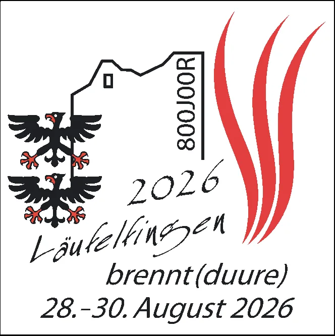 Logo mit zwei schwarzen Wappenvögeln, roten Flammen und der Schrift «800 Jahre Läufelfingen 2026 brennt (duure)»