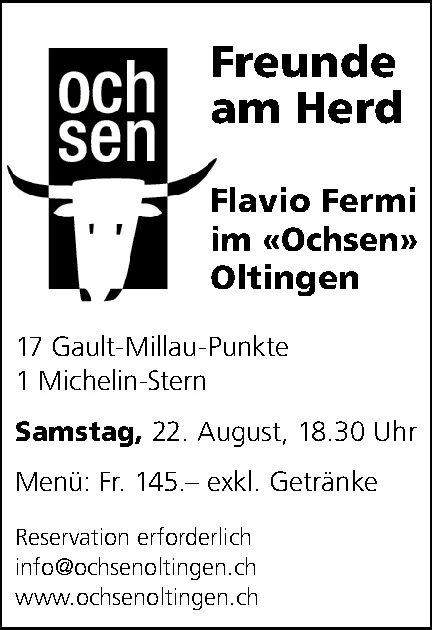 Logo eines Ochsenkopfs neben Text zum Gastkoch-Event im Restaurant Ochsen