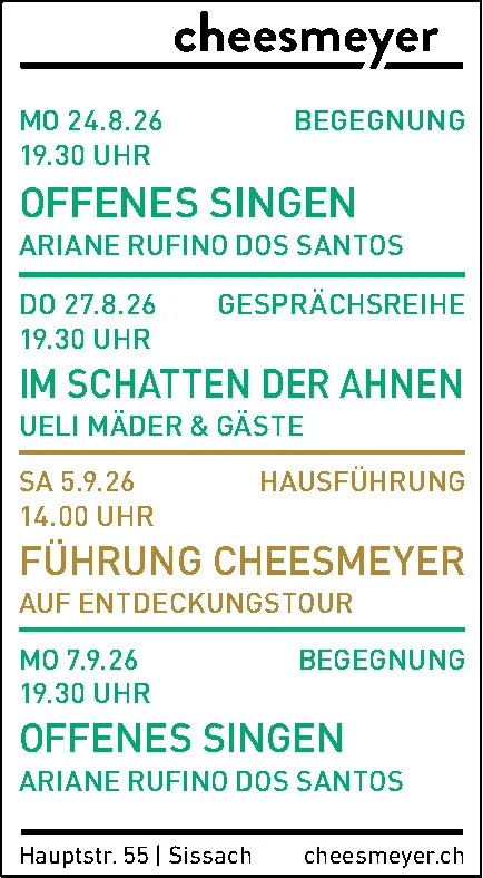 Programmübersicht mit vier Terminen: Offenes Singen, Gesprächsreihe und Hausführung bei Cheesmeyer.