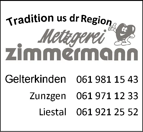Logo der Metzgerei Zimmermann mit einem winkenden Herz-Maskottchen und dem Slogan «Tradition us dr Region»