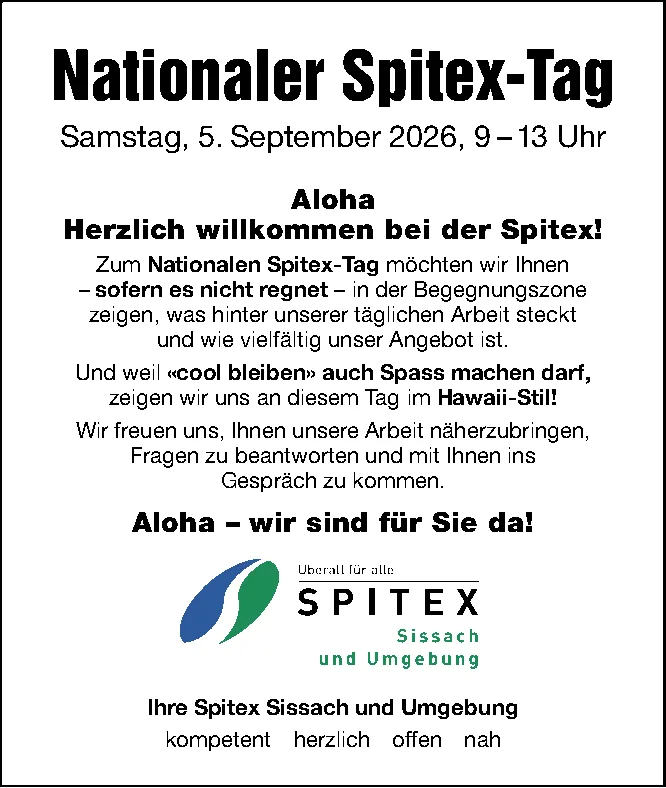 Textinserat mit Logo der Spitex Sissach und Umgebung zum Nationalen Spitex-Tag