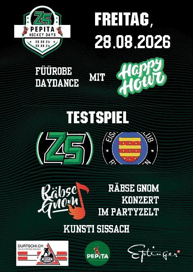 Plakat der Pepita Hockey Days mit Vereinslogos, Programm und Sponsorenlogos auf dunklem Hintergrund.