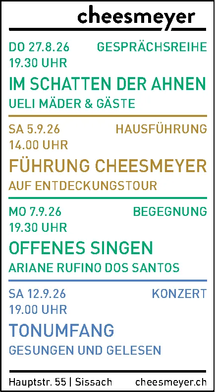 Programmübersicht mit vier farbig unterlegten Terminen zu Gespräch, Führung, Singen und Konzert bei Cheesmeyer.