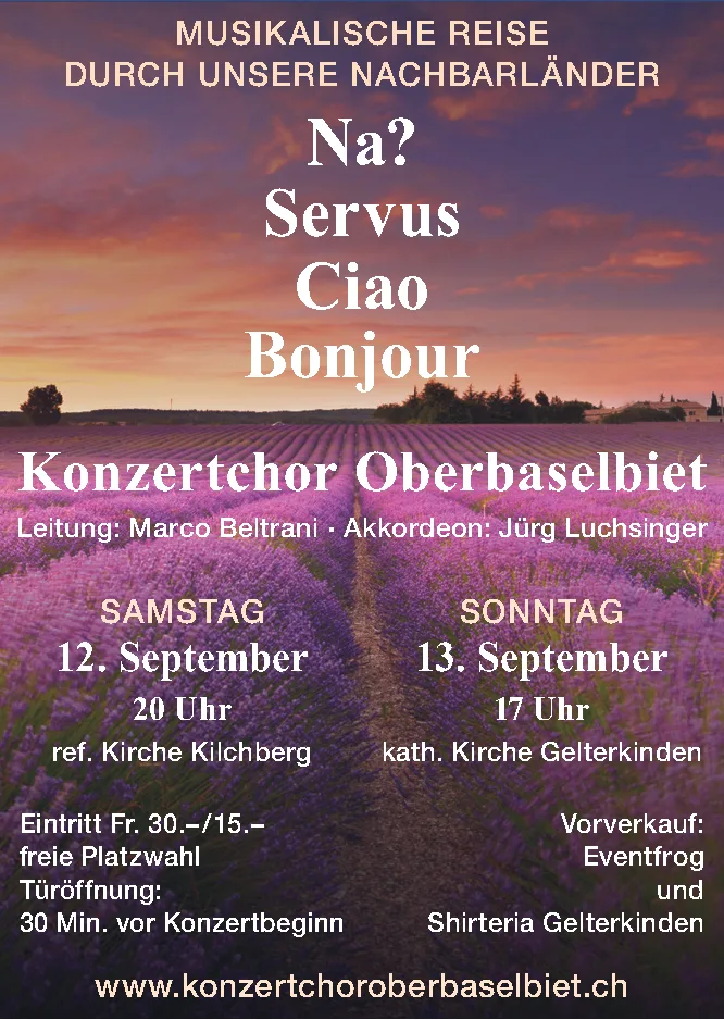 Plakat mit Lavendelfeld bei Sonnenuntergang und Ankündigung eines Konzerts mit Titeln Na, Servus, Ciao, Bonjour