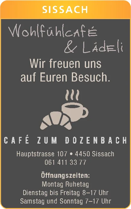 Grafik von Kaffeetasse und Croissant mit Werbetext für ein Café und Lädeli