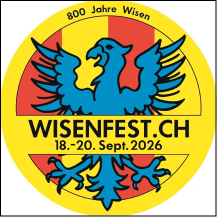Rundes gelbes Logo mit blauem Adler-Wappentier vor rotem Hintergrund und Schriftzug Wisenfest.ch