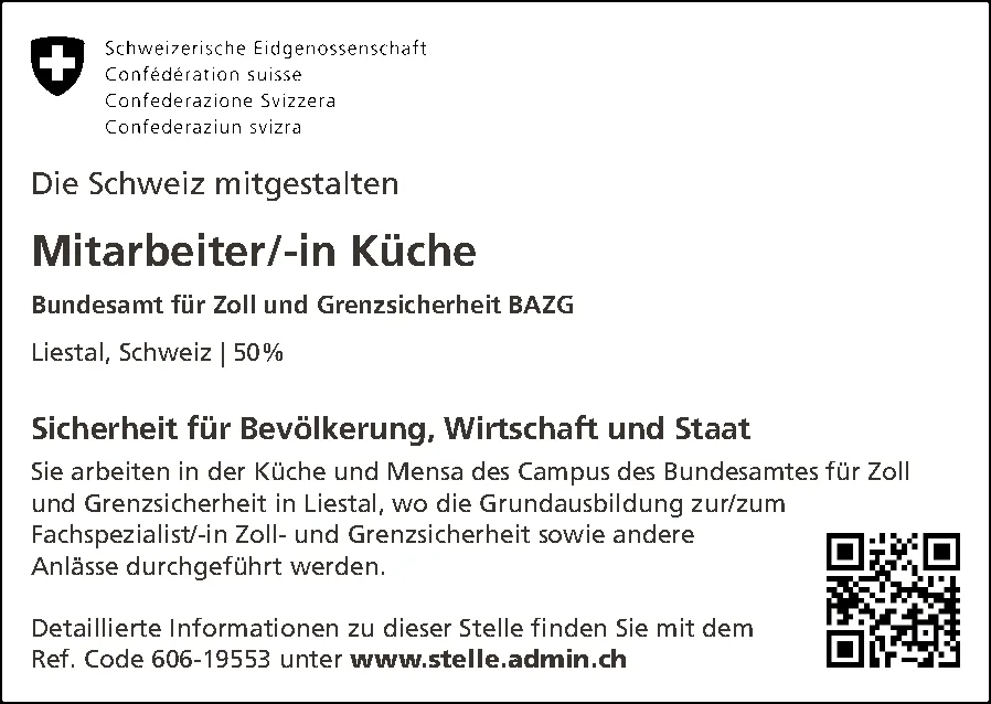 Stelleninserat des Bundesamtes für Zoll und Grenzsicherheit mit Schweizer Wappen und QR-Code.