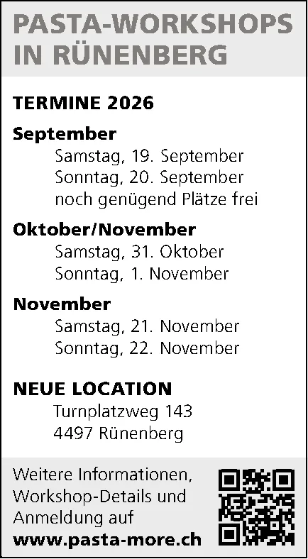 Textinserat mit Terminliste für Pasta-Workshops und Adresse der neuen Location