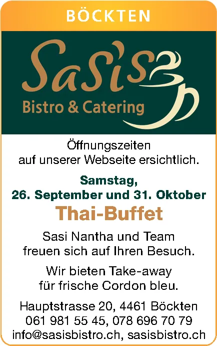 Logo von Sasi's Bistro & Catering mit Kaffeetasse und Text zu Öffnungszeiten und Thai-Buffet