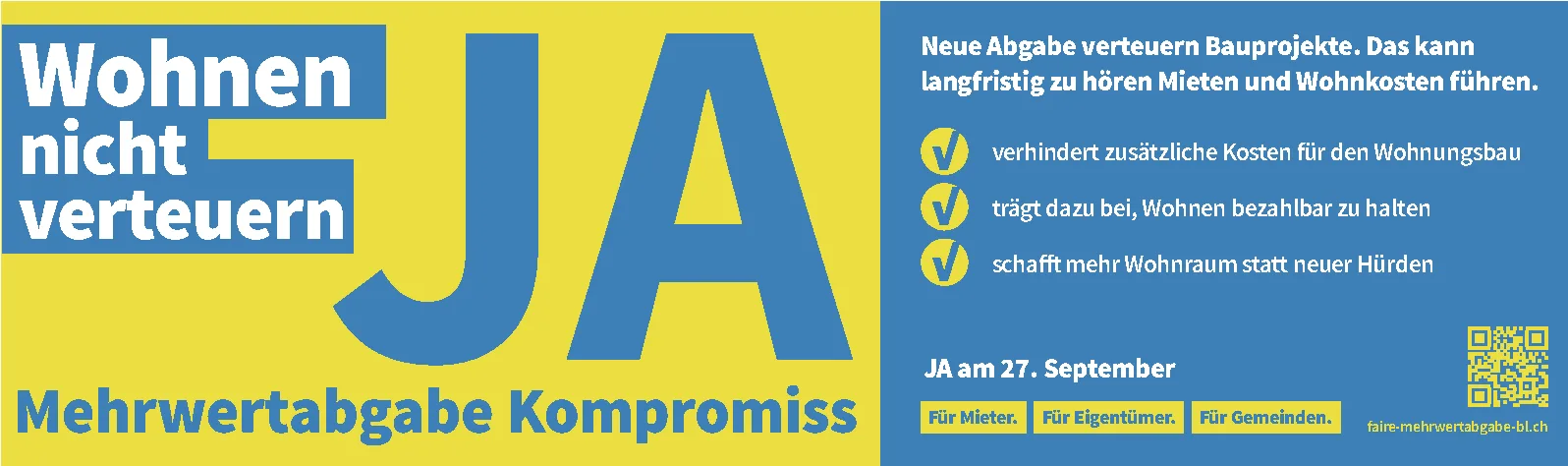 Gelb-blaues Plakat mit grossem JA-Schriftzug und Text zur Abstimmung über die Mehrwertabgabe.
