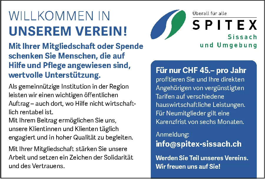 Werbetext für eine Vereinsmitgliedschaft der Spitex Sissach und Umgebung mit Logo