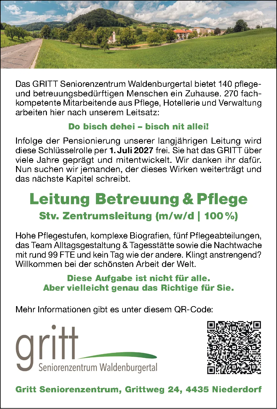 Landschaftsfoto mit Hügel und Dorf, darunter Text zur Stellenausschreibung und ein QR-Code neben dem Gritt-Logo