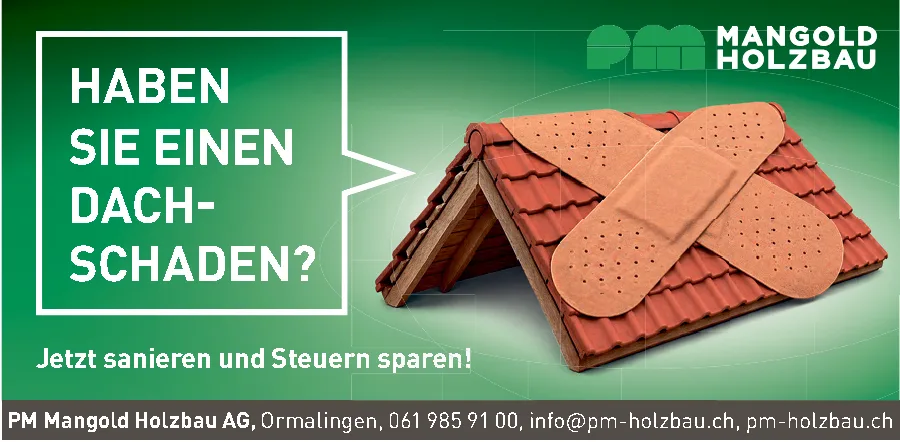 Ein geflicktes Hausdach mit zwei grossen Pflastern über den Ziegeln.