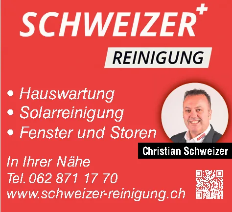 Rotes Werbeinserat von Schweizer Reinigung mit Foto von Christian Schweizer und QR-Code.
