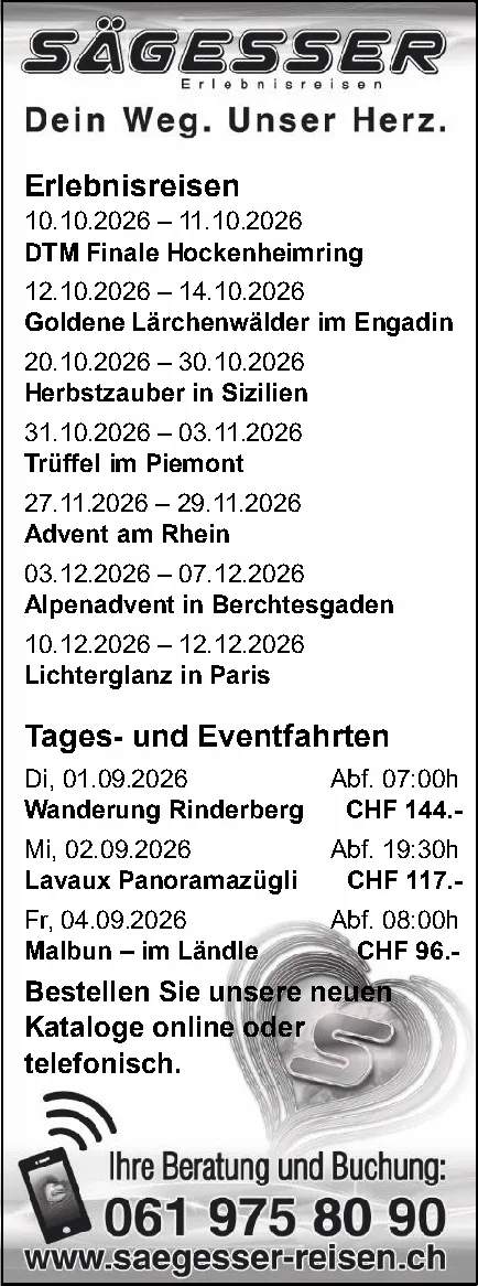 Werbeinserat für Sägesser Erlebnisreisen mit Liste von Reisedaten und einem Herz aus Katalogen im Hintergrund.