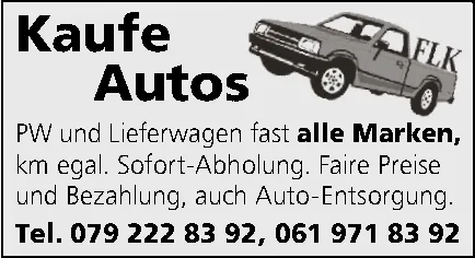 Zeichnung eines Pickup-Trucks neben dem Text «Kaufe Autos» und dem Kürzel FLK
