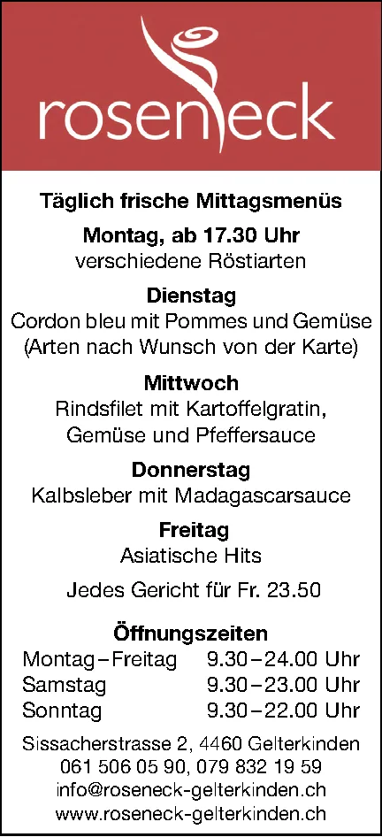 Werbetafel des Restaurants Roseneck mit Logo und Angaben zu Mittagsmenüs und Öffnungszeiten
