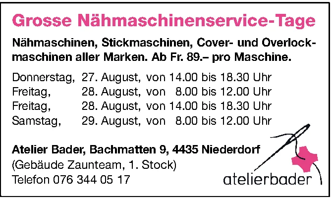 Textinserat mit Nadel-und-Faden-Logo für Nähmaschinenservice-Tage im Atelier Bader