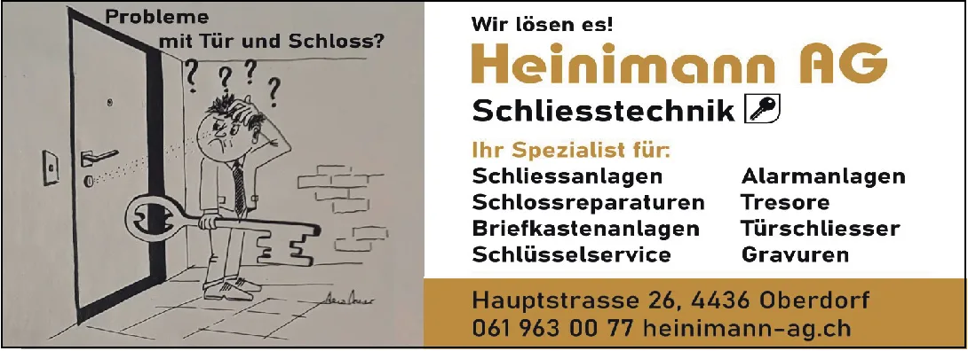 Cartoon eines Mannes mit riesigem Schlüssel vor einer Tür, daneben Werbetext für Schliesstechnik