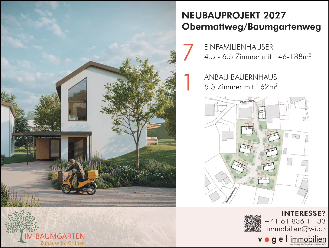 Visualisierung eines modernen Einfamilienhauses mit Rollerfahrer sowie ein Lageplan der geplanten Häuser.