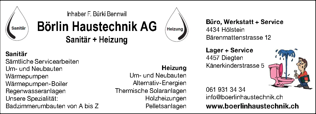 Logo mit zwei Wassertropfen "Sanitär" und "Heizung" sowie eine Zeichnung einer defekten Toilette mit Wasserfontäne und einem Handwerker.