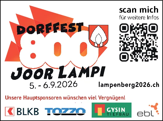 Rotes Logo «Dorffest 800 Joor Lampi» mit Gemeindewappen, QR-Code und Sponsorenlogos.