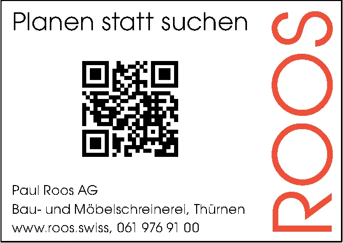 QR-Code und Text «Planen statt suchen» mit dem Logo der Paul Roos AG