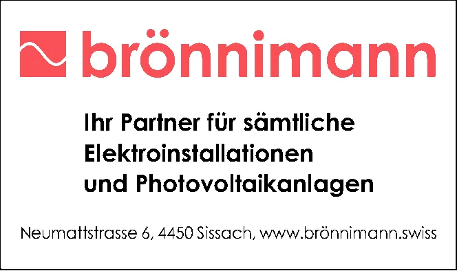 Logo brönnimann mit Text zu Elektroinstallationen und Photovoltaikanlagen sowie Adresse