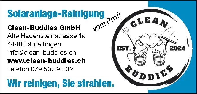 Logo von Clean-Buddies mit zwei Händen, die Bürste und Wischer über Eimern halten