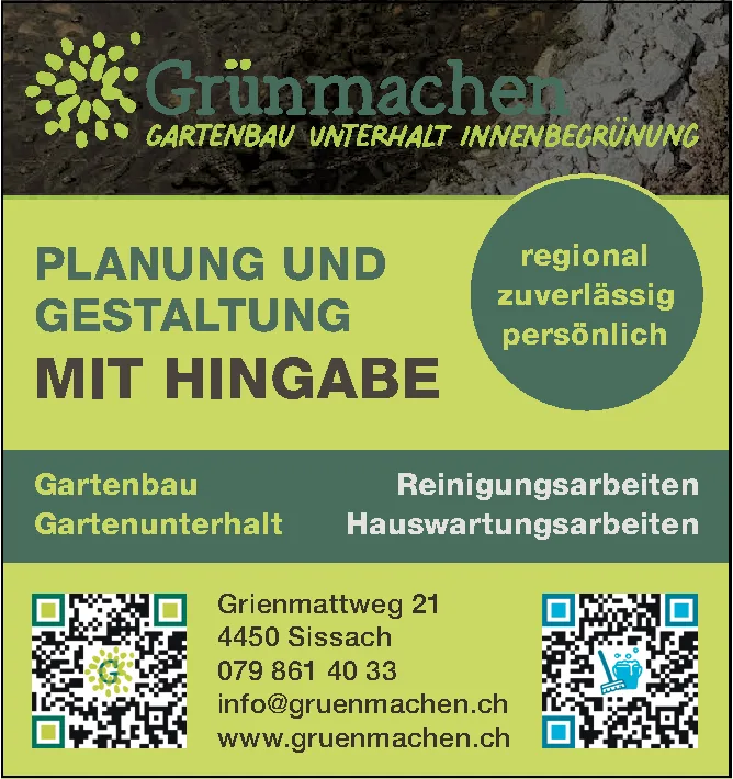 Werbeinserat von Grünmachen mit Firmenlogo, Kreisen mit Werten und Kontaktangaben samt zwei QR-Codes.