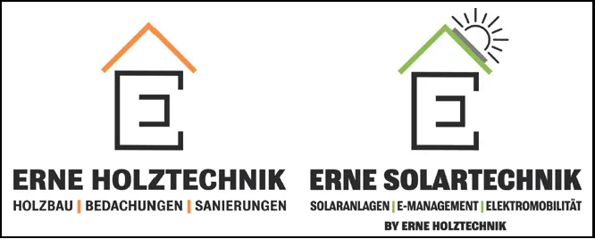 Zwei Logos mit Hausdach-Symbol: Erne Holztechnik und Erne Solartechnik mit Firmenangaben.