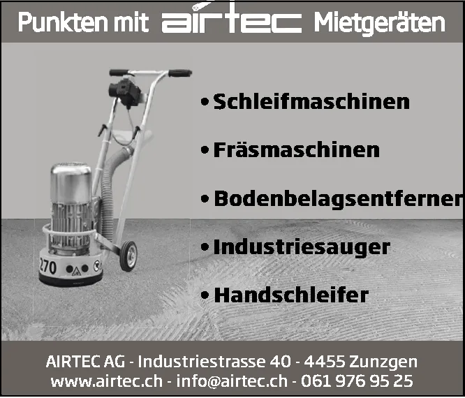 Eine Bodenschleifmaschine steht auf einem Betonboden, daneben eine Liste von Mietgeräten.