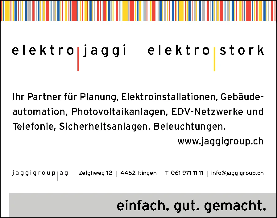 Firmenlogo elektro jaggi und elektro stork mit Werbetext für Elektroinstallationen und Kontaktangaben.