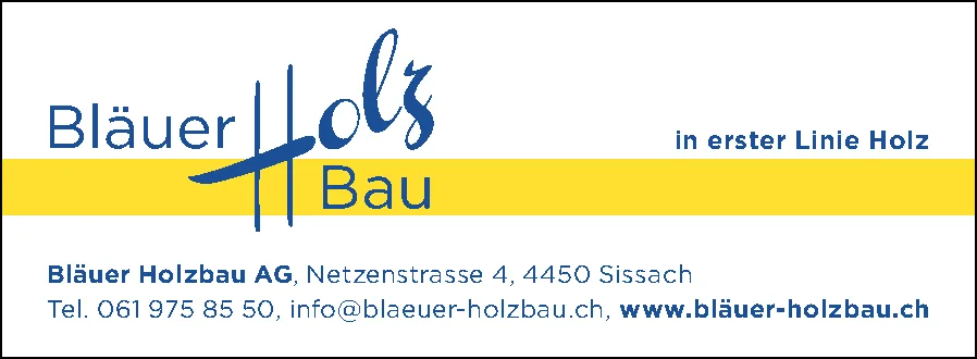 Logo von Bläuer Holzbau mit dem Schriftzug "Holz" und Firmenadresse auf gelb-weissem Hintergrund.