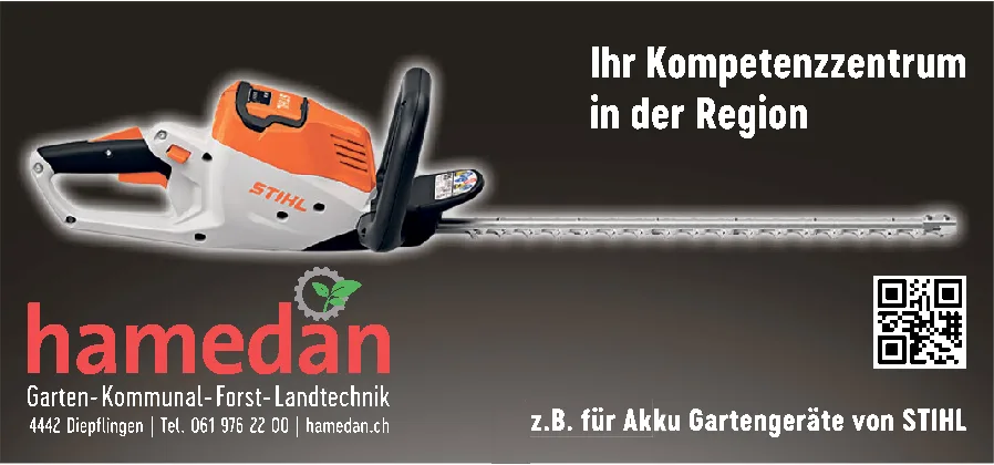 Eine orange-weisse Akku-Heckenschere von STIHL vor dunklem Hintergrund mit Logo von hamedan.