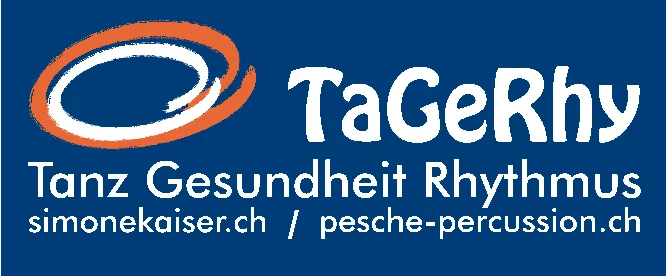 Logo TaGeRhy mit orange-weisser Ringform und Text Tanz Gesundheit Rhythmus auf blauem Grund