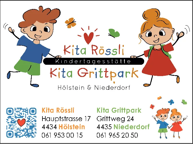 Zwei fröhliche Zeichentrickkinder mit Schmetterlingen und Herz, daneben Kontaktangaben zweier Kindertagesstätten und ein QR-Code.