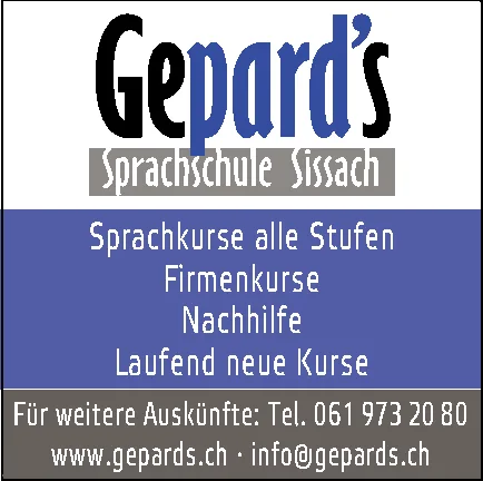 Werbetext für Gepard's Sprachschule Sissach mit Angebot an Sprachkursen, Firmenkursen und Nachhilfe.