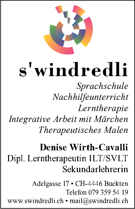 Ein farbiges, spiralförmiges Windrad-Logo über dem Schriftzug s'windredli und Textangaben zur Sprachschule.