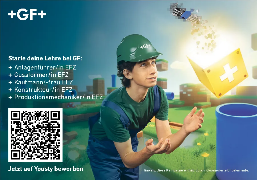Ein junger Mann mit GF-Helm und Arbeitskleidung greift nach digitalen Elementen, die aus einer Kiste mit Schweizer Kreuz schweben.