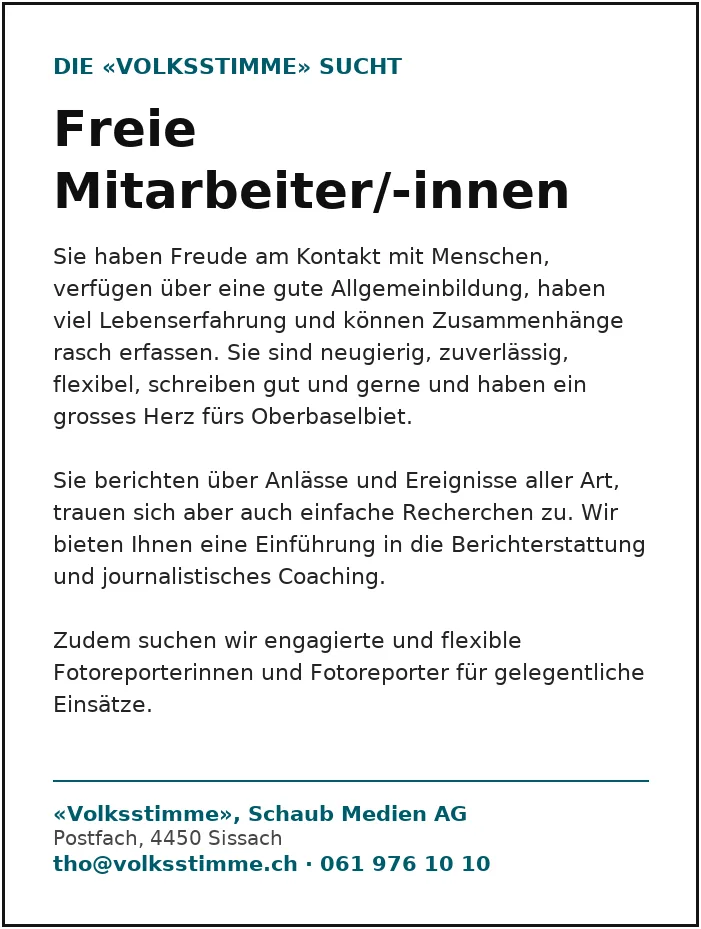 Stelleninserat: Die «Volksstimme» sucht freie Mitarbeiterinnen und Mitarbeiter sowie Fotoreporterinnen und Fotoreporter.