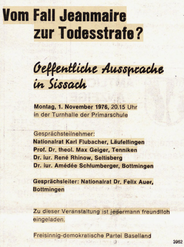 Textplakat mit Ankündigung einer öffentlichen Aussprache über den Fall Jeanmaire und die Todesstrafe in Sissach