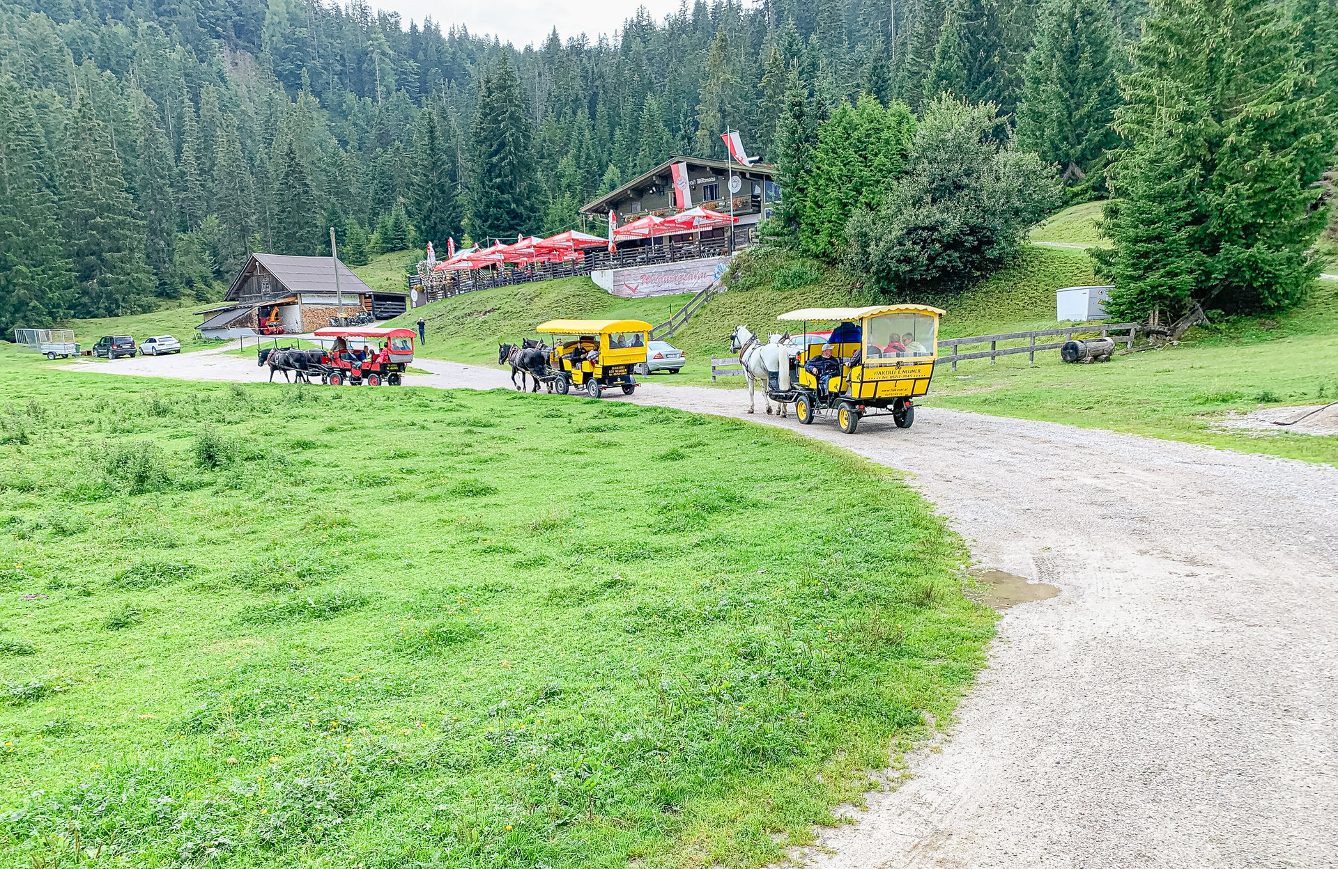 Pferdekutschen mit gelben Wagen fahren auf einem Schotterweg durch eine grüne Almlandschaft, im Hintergrund ein Berggasthaus mit roten Sonnenschirmen.