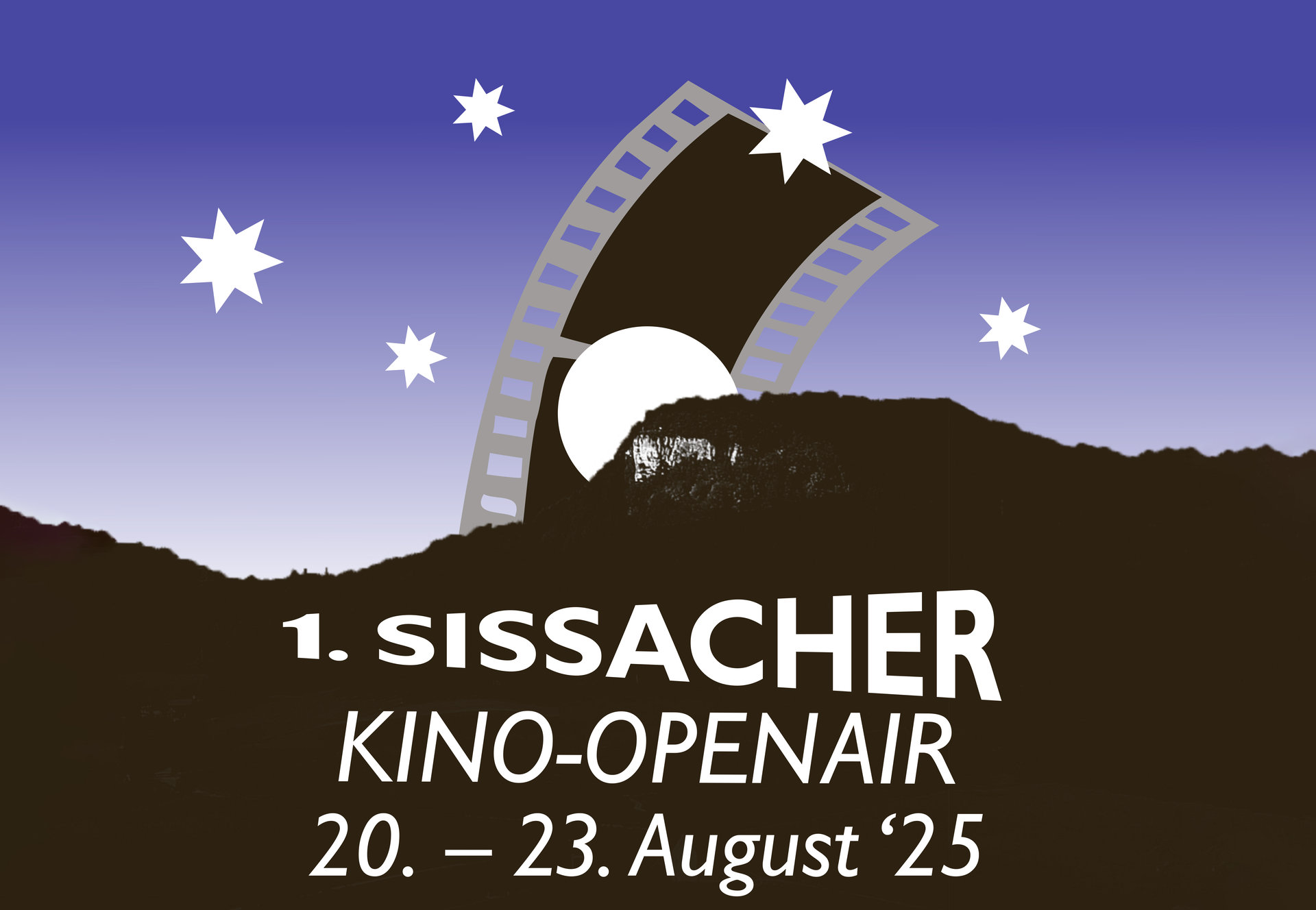 Grafik mit Sternenhimmel, Filmstreifen und Mond über einer Hügelsilhouette, darunter der Text zum Kino-Openair.