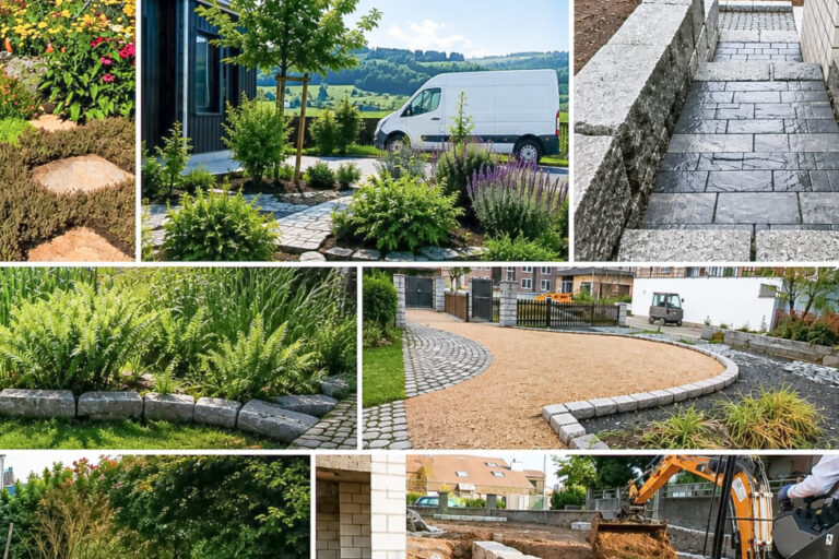 Collage aus Gartengestaltungen mit Teich, Beeten, Wegen, Trockenmauern und Baggerarbeiten.