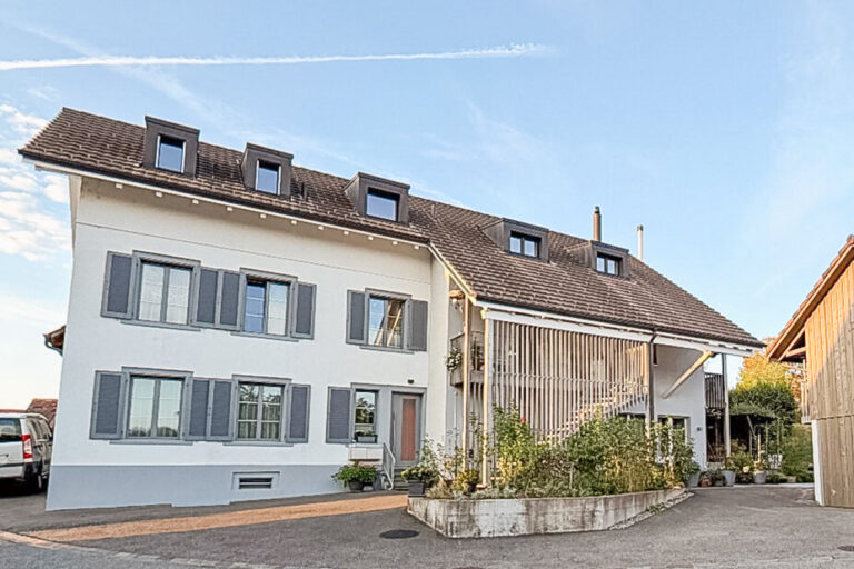 Umgebautes Bauernhaus mit weisser Fassade, Sprossenfenstern und angrenzender Holzscheune unter blauem Himmel.