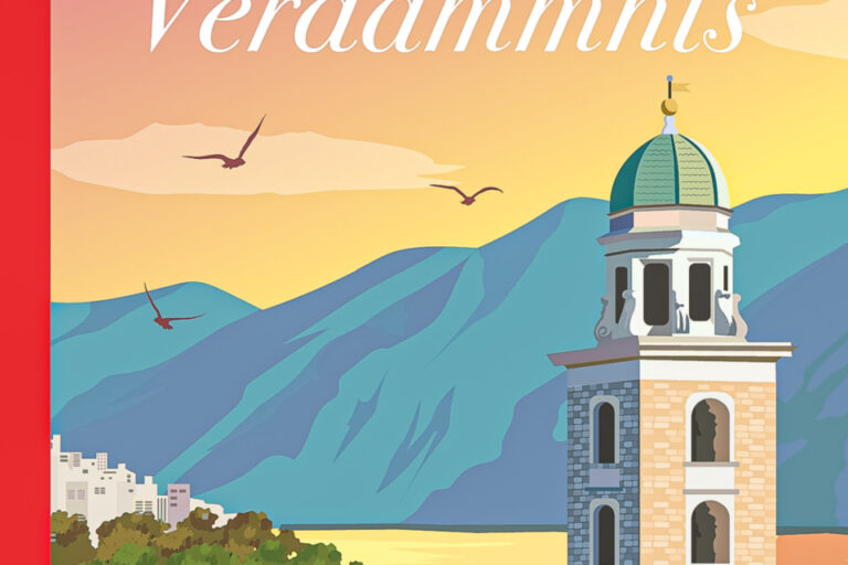 Buchcover mit einem Kirchturm über einer Tessiner Seeuferstadt vor Bergen bei Sonnenuntergang.