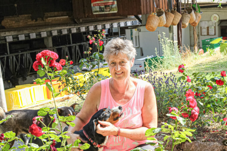 Eine kniende Frau hält einen Hund im Rosenbeet, im Hintergrund ein zweiter Hund unter einer Überdachung.